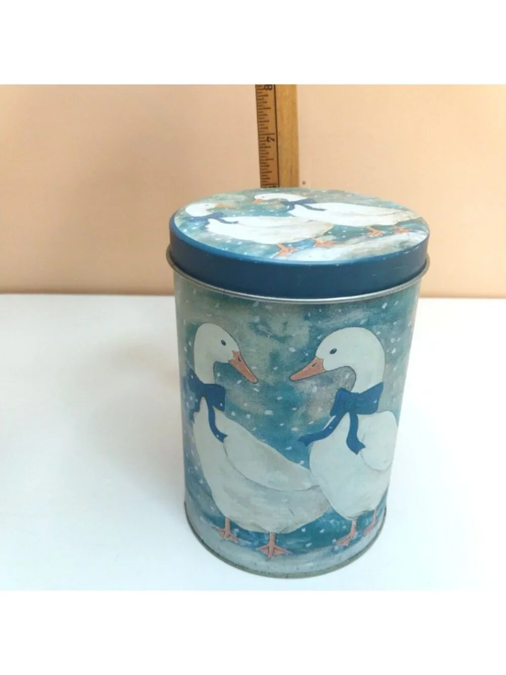 Vintage Goose in Snow Metal Tin Blue Bow 1990s 6 Inches